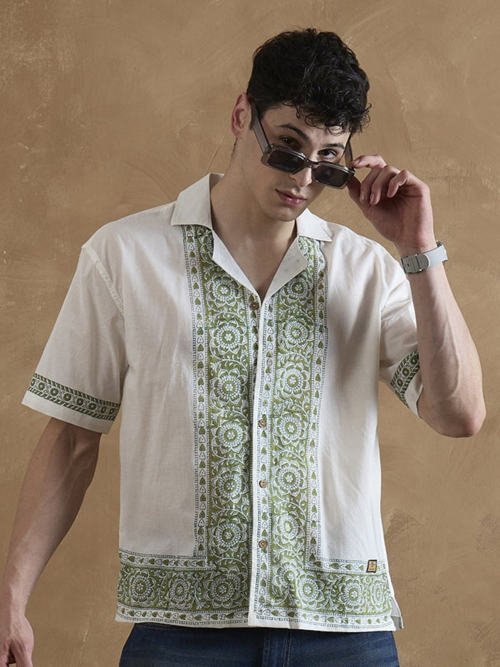 White & Olive: Half Sleeves Printed Shirt