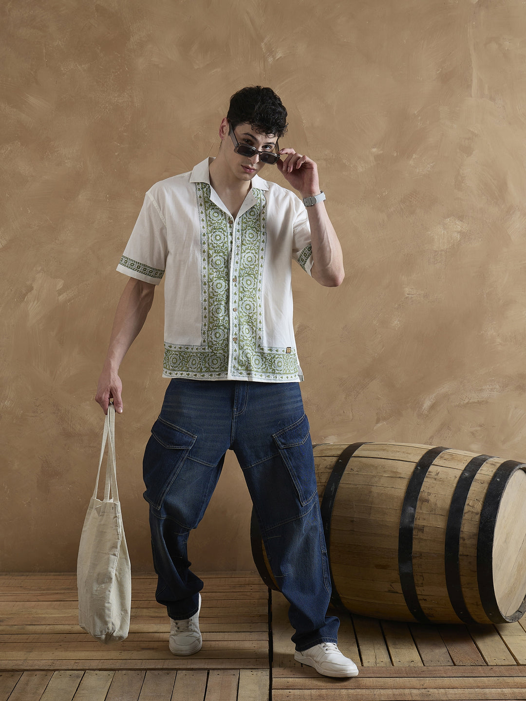 White & Olive: Placement Printed Shirt