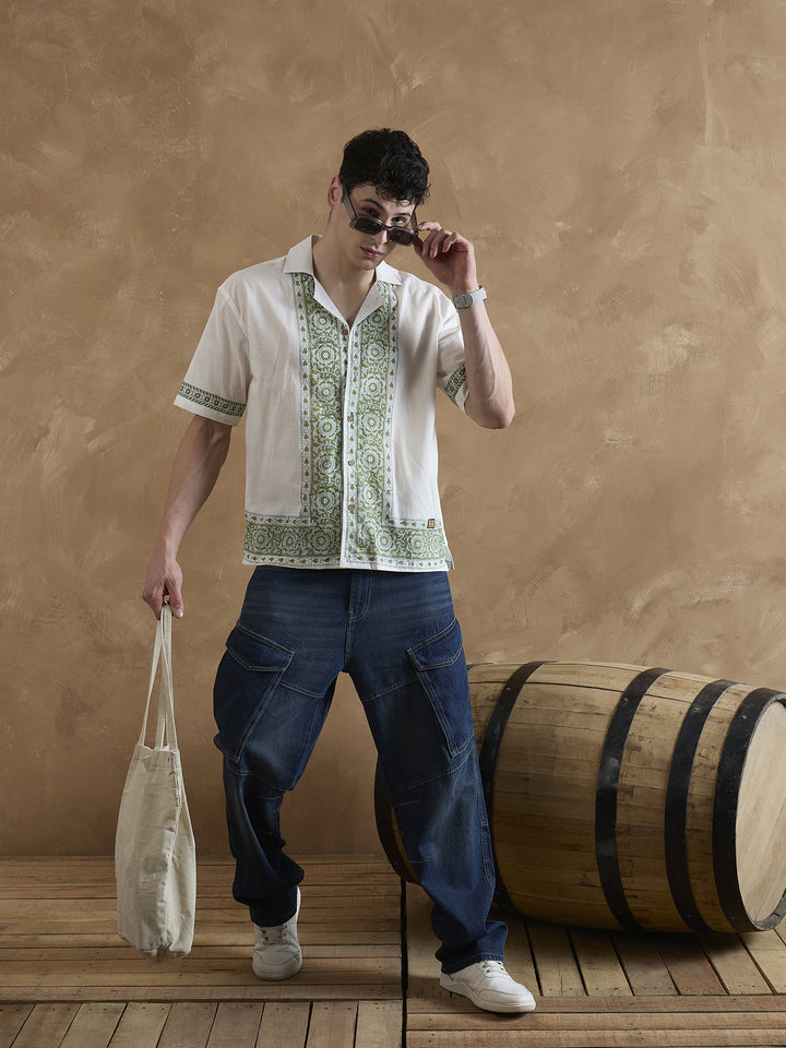 White & Olive: Placement Printed Shirt