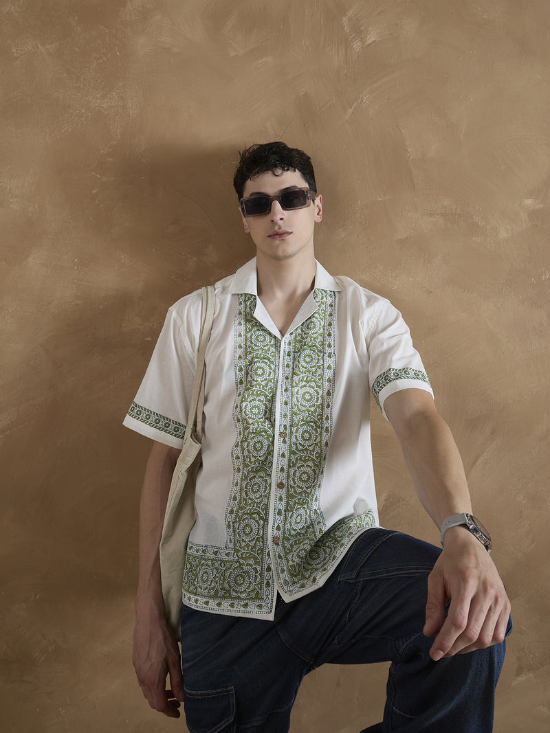 White & Olive: Half Sleeves Printed Shirt