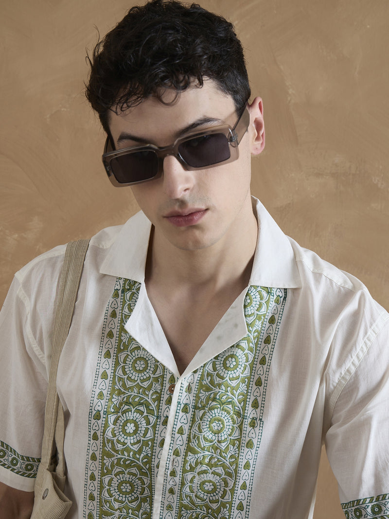 White & Olive: Half Sleeves Printed Shirt