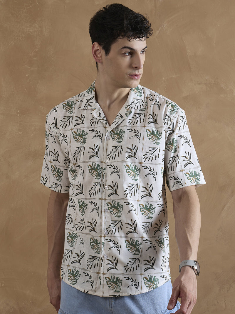 Cream: Half Sleeves Tropical Printed Shirt