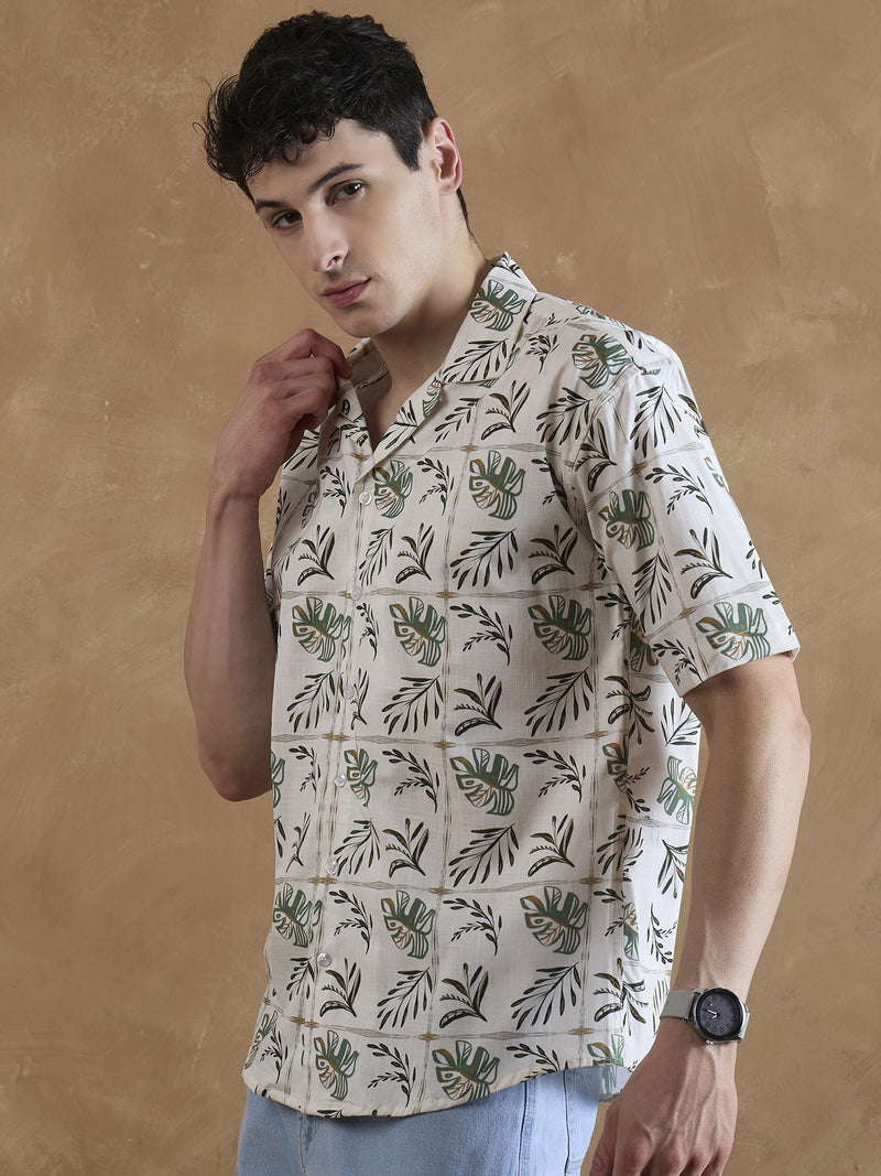Cream: Half Sleeves Tropical Printed Shirt