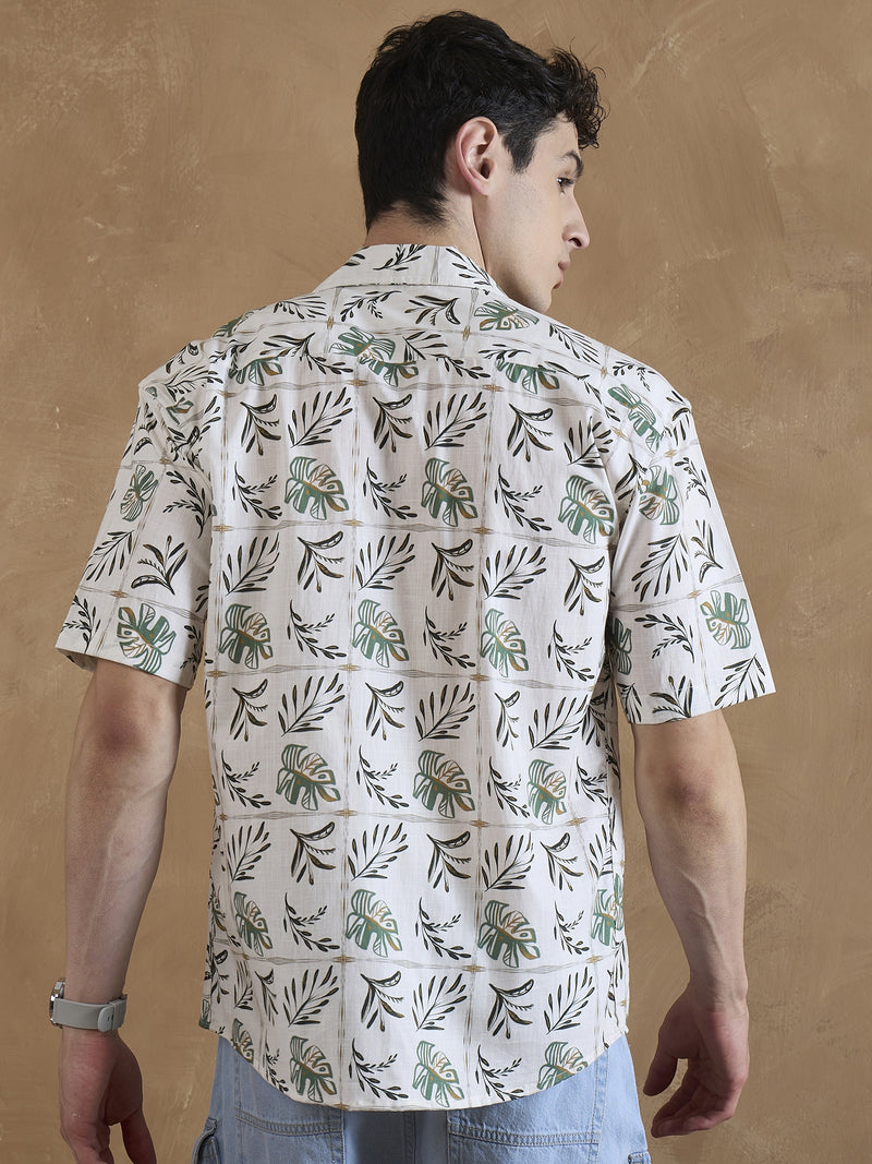 Cream: Half Sleeves Tropical Printed Shirt