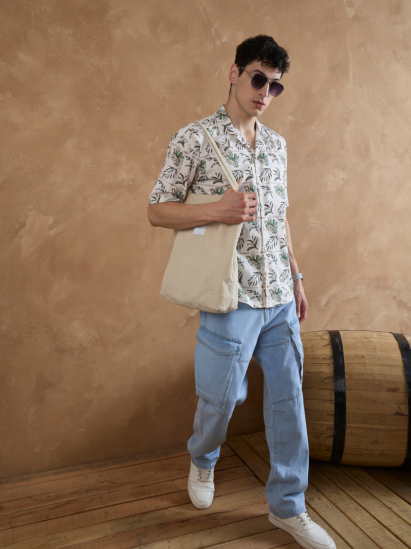 Cream: Half Sleeves Tropical Printed Shirt