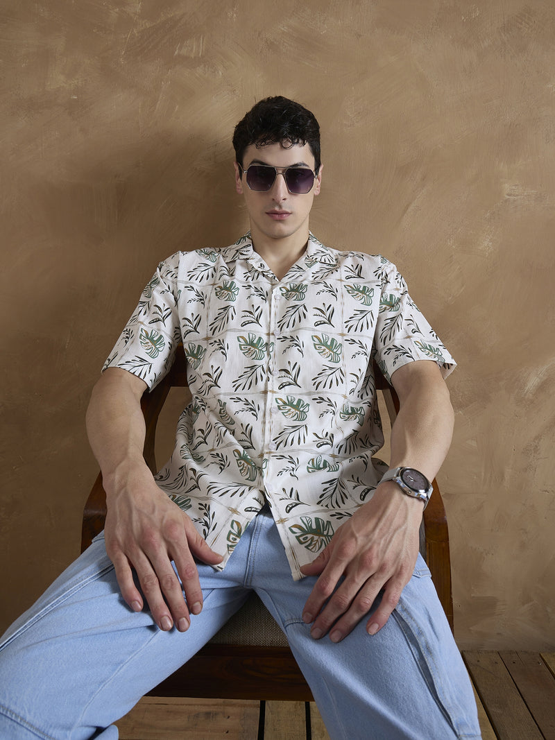 Cream: Half Sleeves Tropical Printed Shirt