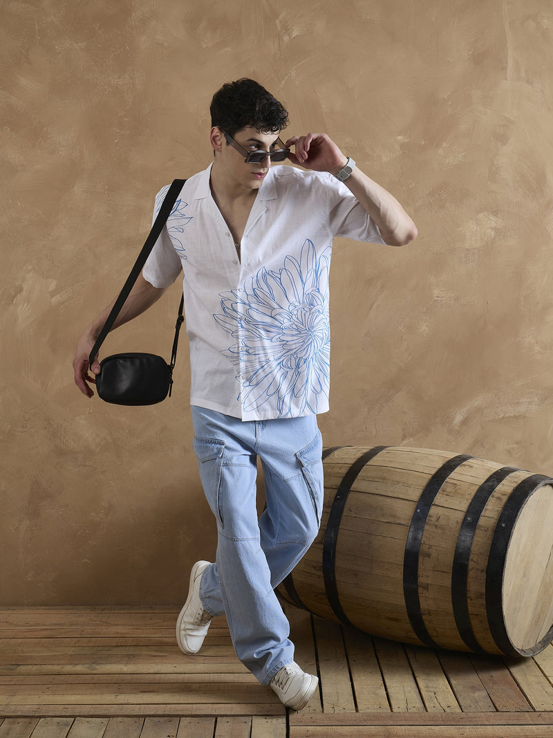 White & Blue: Half Sleeves Printed Shirt