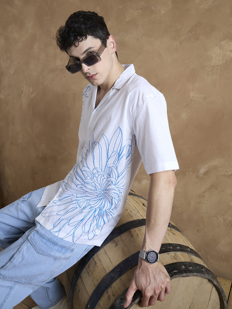 White & Blue: Half Sleeves Printed Shirt