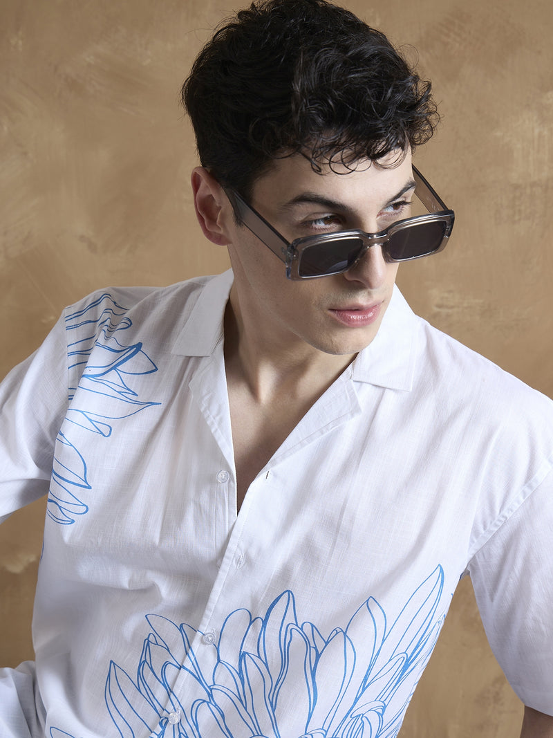 White & Blue: Half Sleeves Printed Shirt