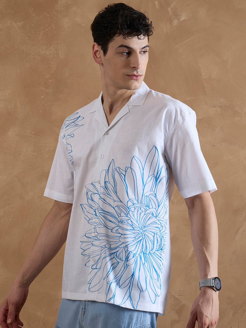 White & Blue: Half Sleeves Printed Shirt