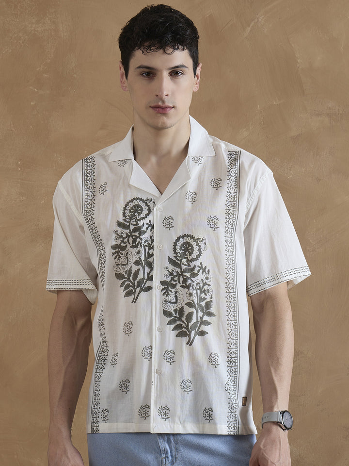 Off White & Grey: Hand Block Printed Shirt