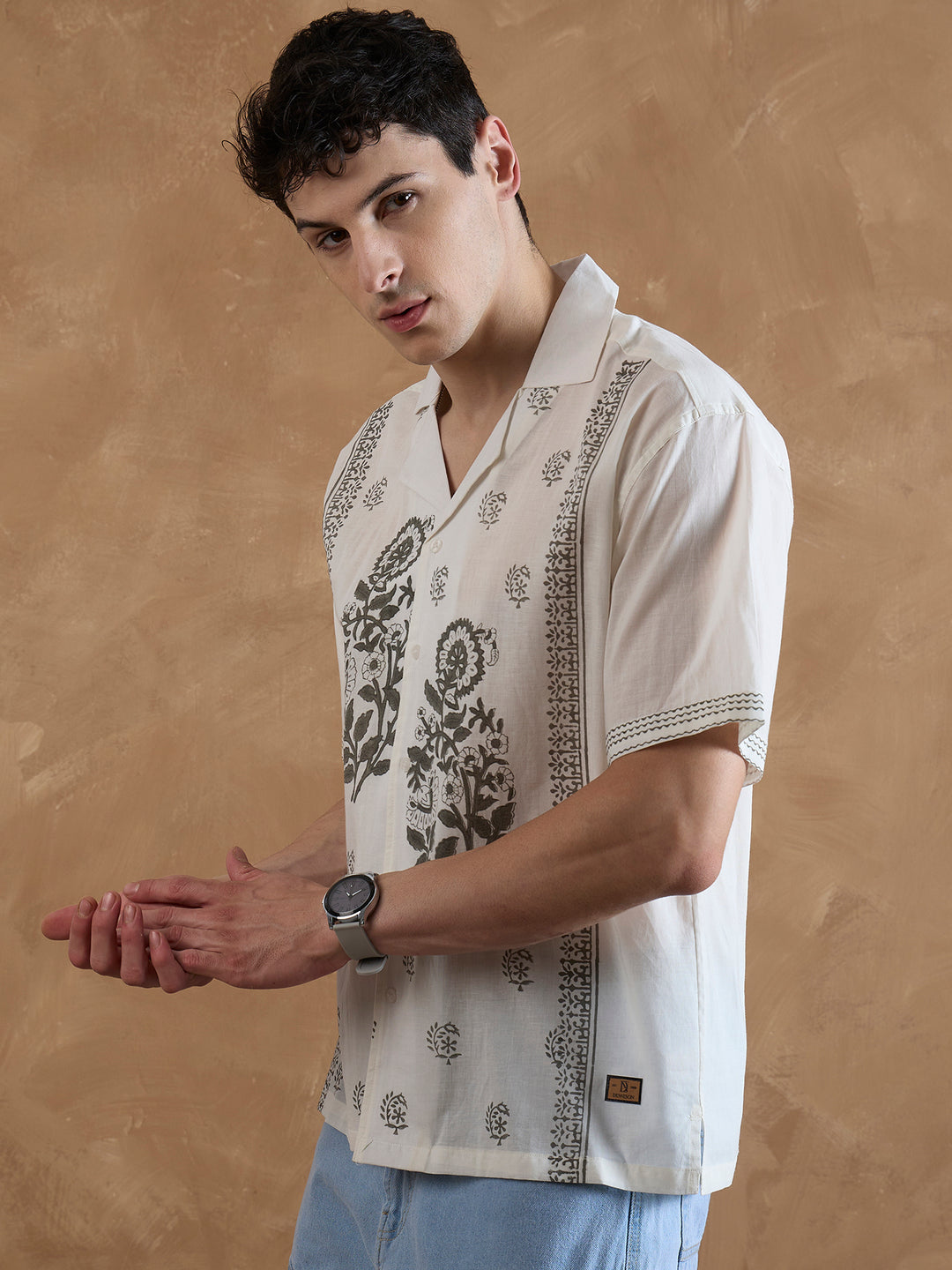 Off White & Grey: Hand Block Printed Shirt