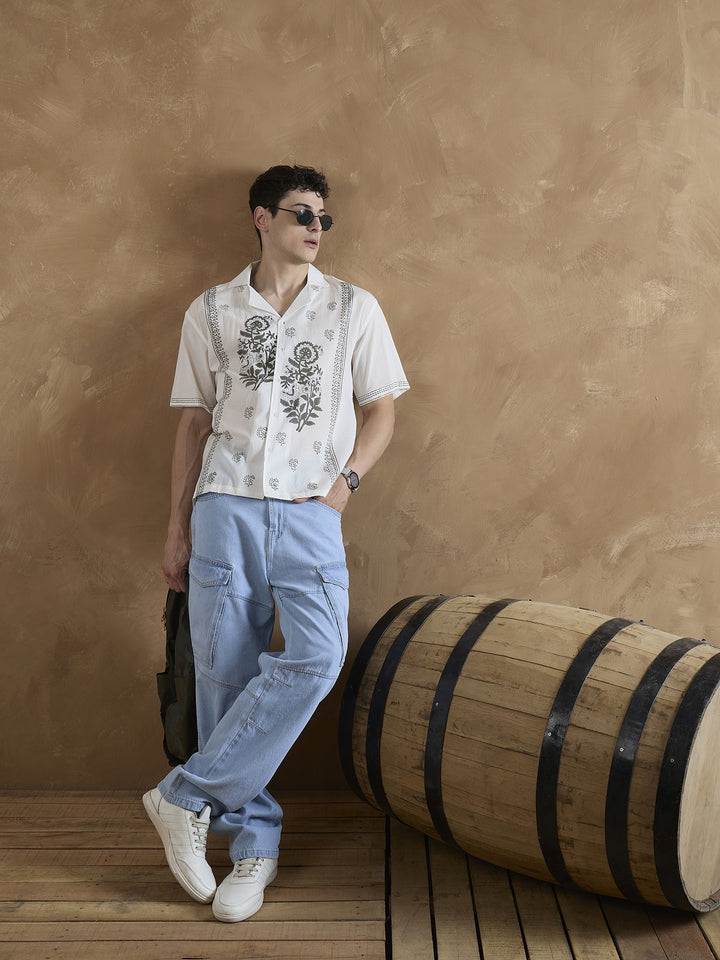 Off White & Grey: Hand Block Printed Shirt