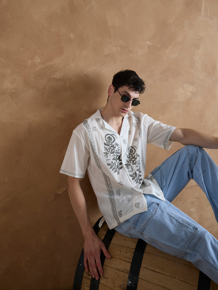 Off White & Grey: Hand Block Printed Shirt