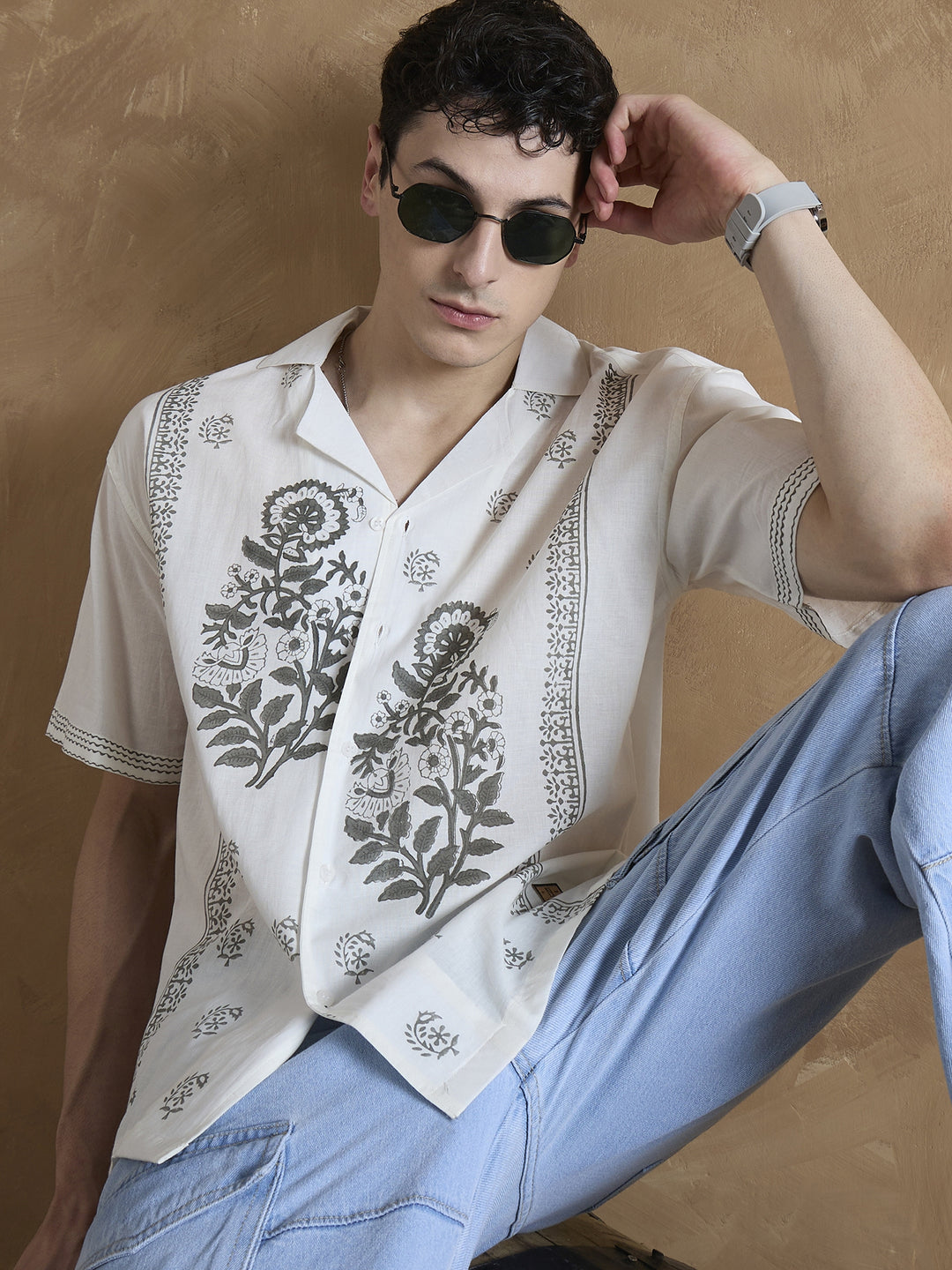 Off White & Grey: Hand Block Printed Shirt
