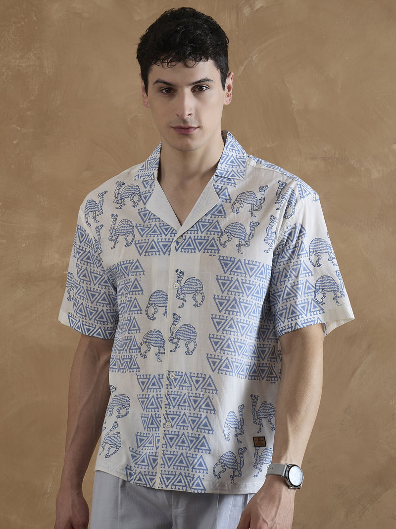 Off White & Blue: Half Sleeves Hand Block Printed Shirt