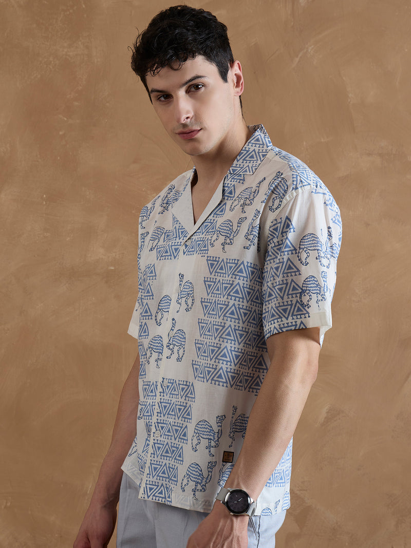 Off White & Blue: Half Sleeves Hand Block Printed Shirt