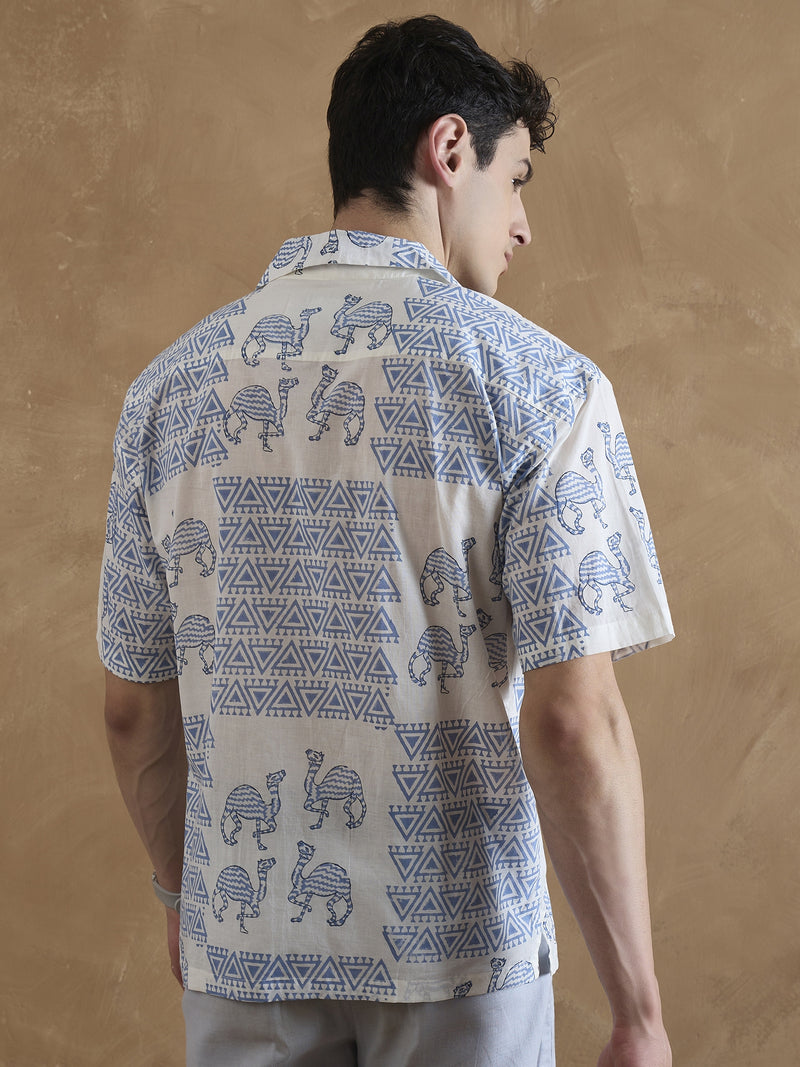 Off White & Blue: Half Sleeves Hand Block Printed Shirt