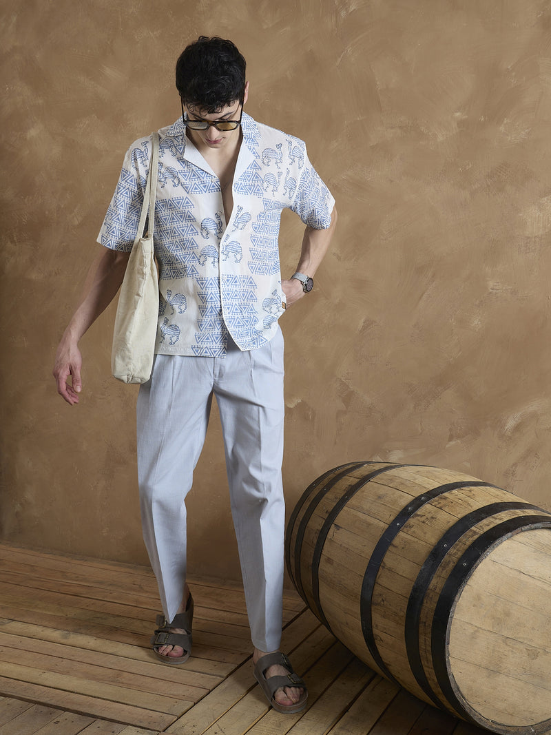 Off White & Blue: Half Sleeves Hand Block Printed Shirt