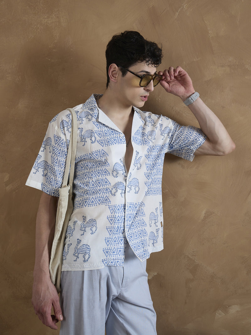 Off White & Blue: Half Sleeves Hand Block Printed Shirt