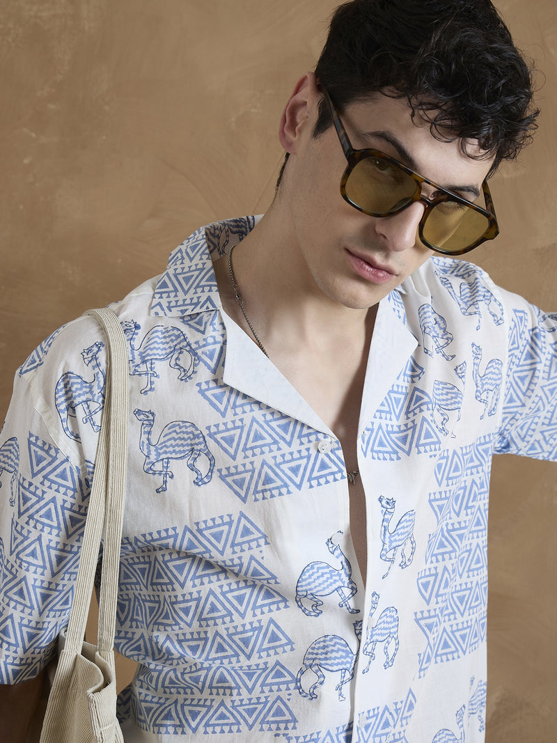 Off White & Blue: Half Sleeves Hand Block Printed Shirt