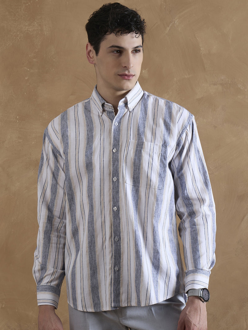 Blue & Cream: Full Sleeves Vertical Stripes Shirt