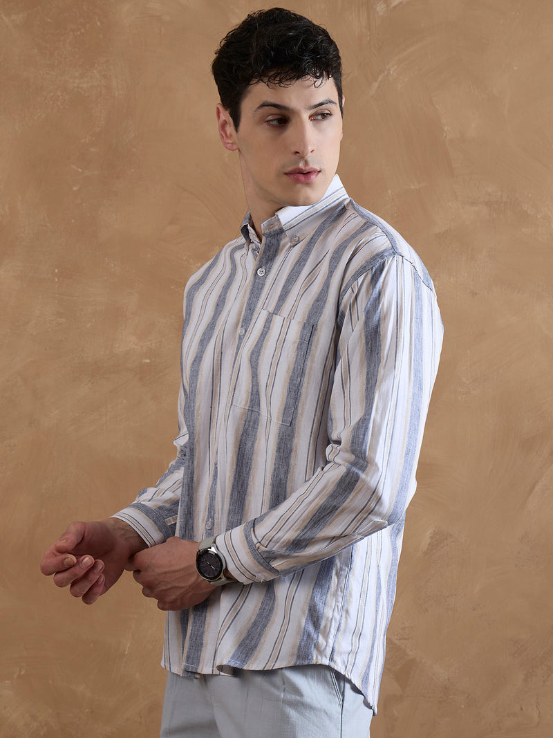 Blue & Cream: Full Sleeves Vertical Stripes Shirt