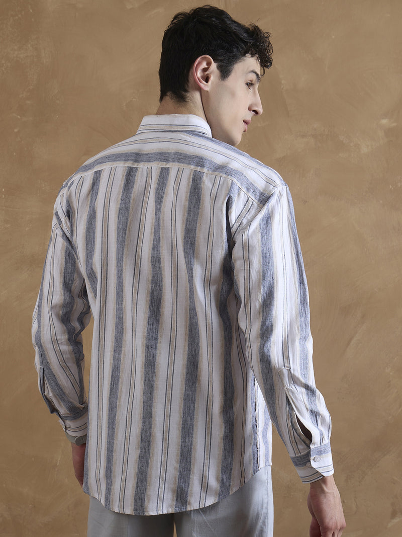 Blue & Cream: Full Sleeves Vertical Stripes Shirt