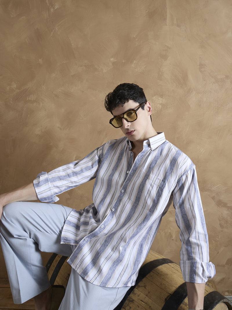 Blue & Cream: Full Sleeves Vertical Stripes Shirt