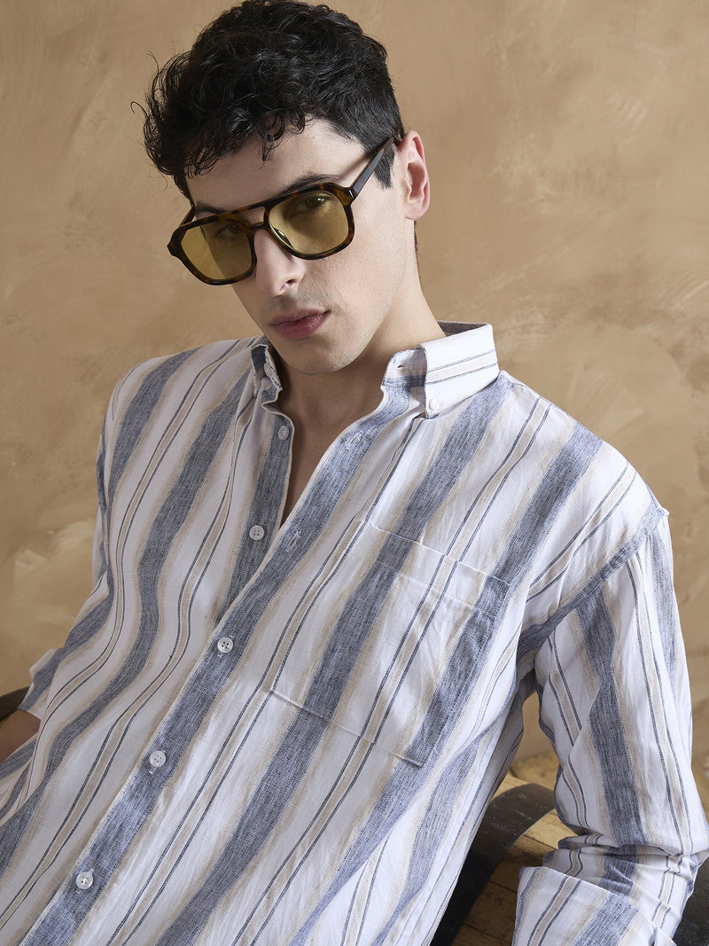 Blue & Cream: Full Sleeves Vertical Stripes Shirt