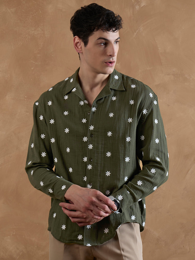 Olive:Full Sleeves Muslin Embroidered Shirt