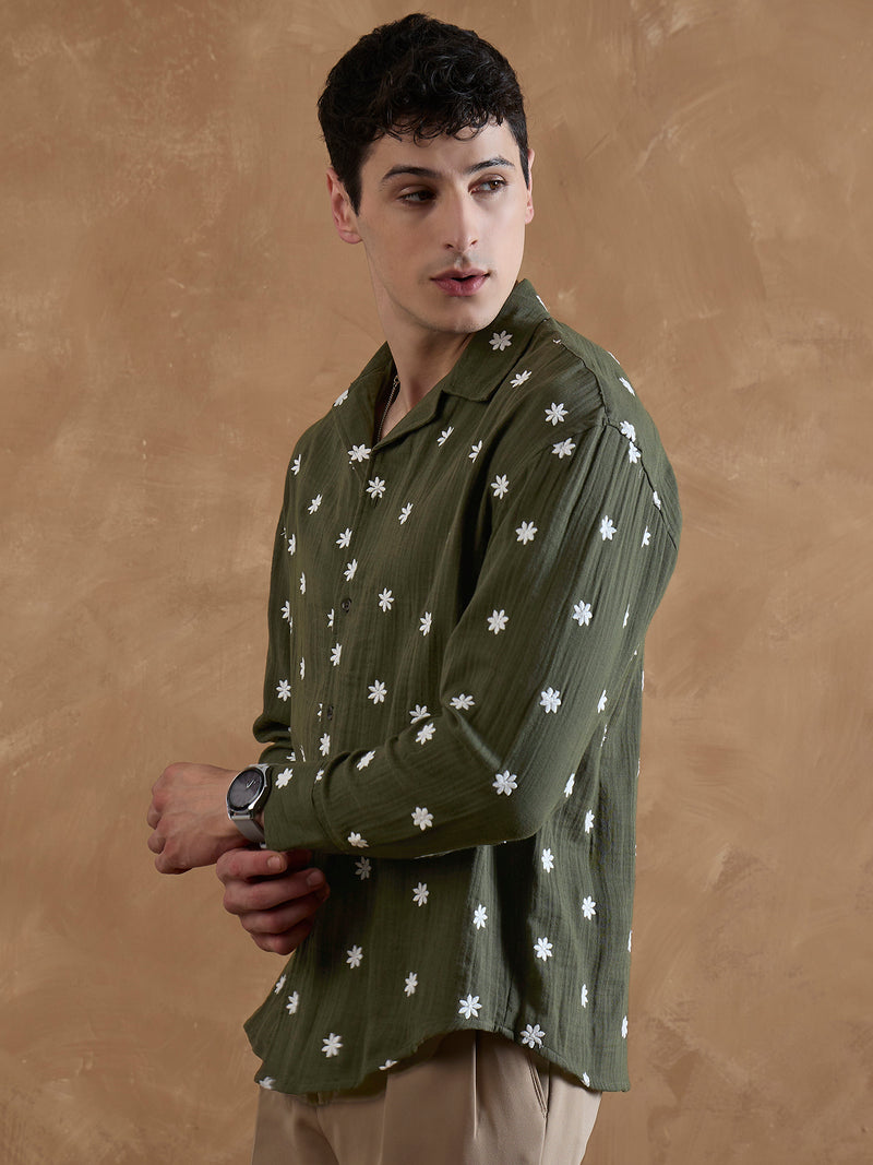 Olive:Full Sleeves Muslin Embroidered Shirt