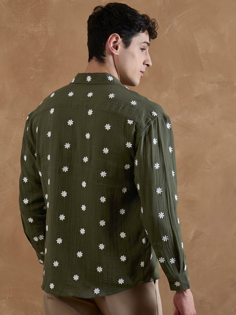Olive:Full Sleeves Muslin Embroidered Shirt