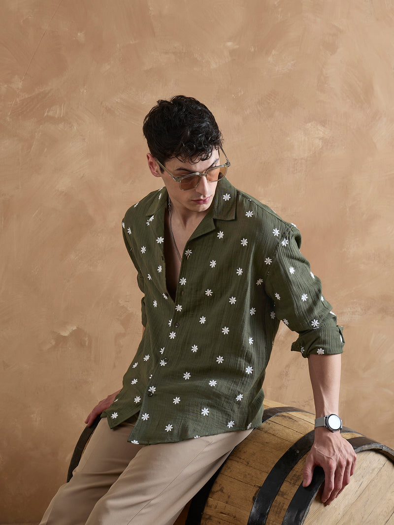 Olive:Full Sleeves Muslin Embroidered Shirt