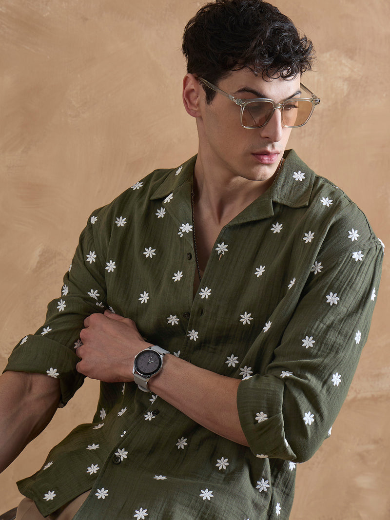 Olive:Full Sleeves Muslin Embroidered Shirt