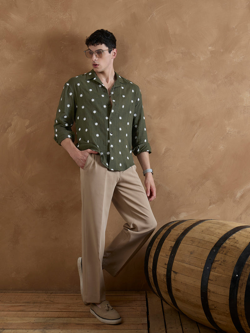 Olive:Full Sleeves Muslin Embroidered Shirt