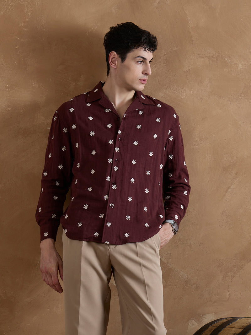 Maroon: Full Sleeves Muslin Embroidered Shirt