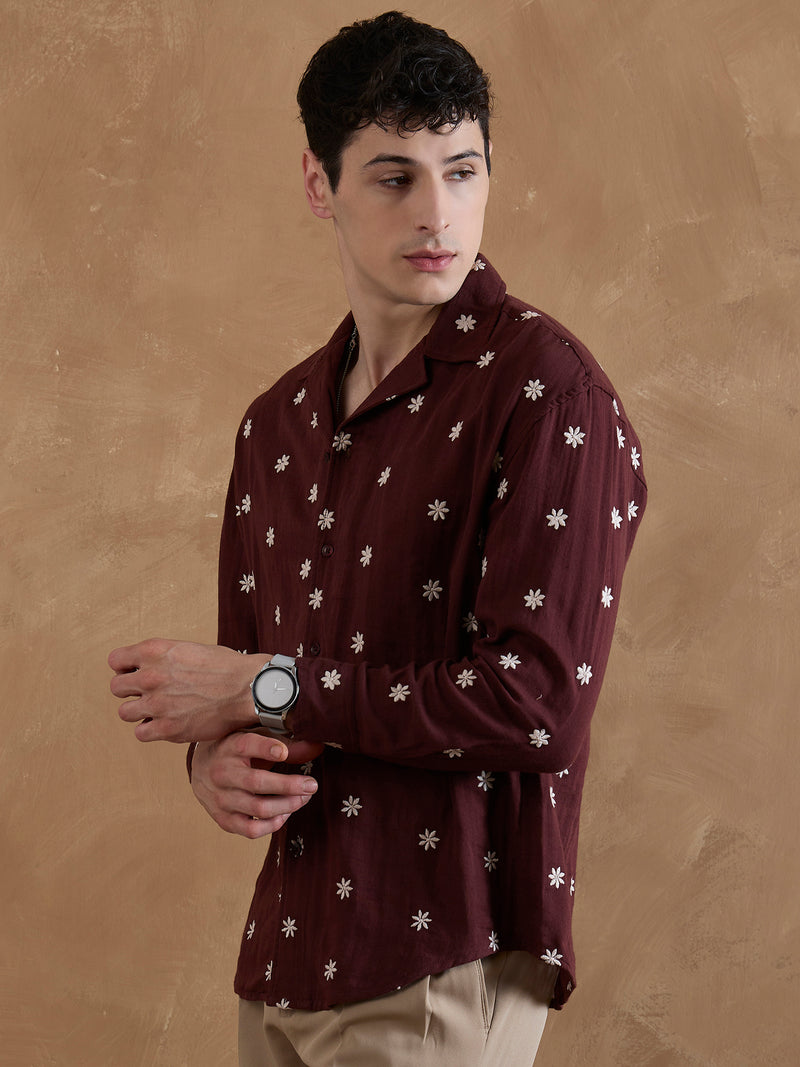 Maroon: Full Sleeves Muslin Embroidered Shirt