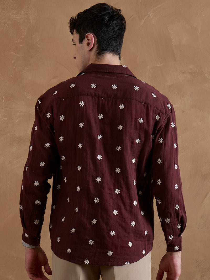 Maroon: Full Sleeves Muslin Embroidered Shirt