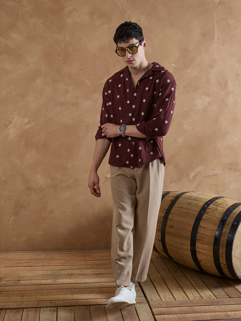 Maroon: Full Sleeves Muslin Embroidered Shirt