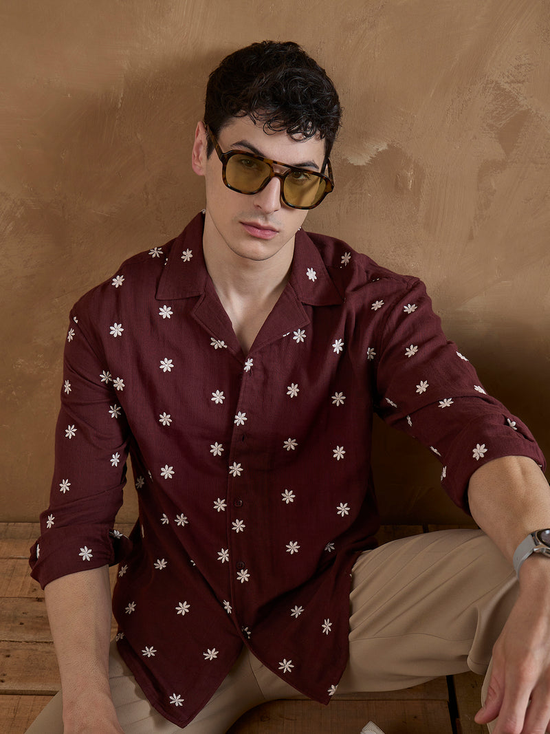 Maroon: Full Sleeves Muslin Embroidered Shirt