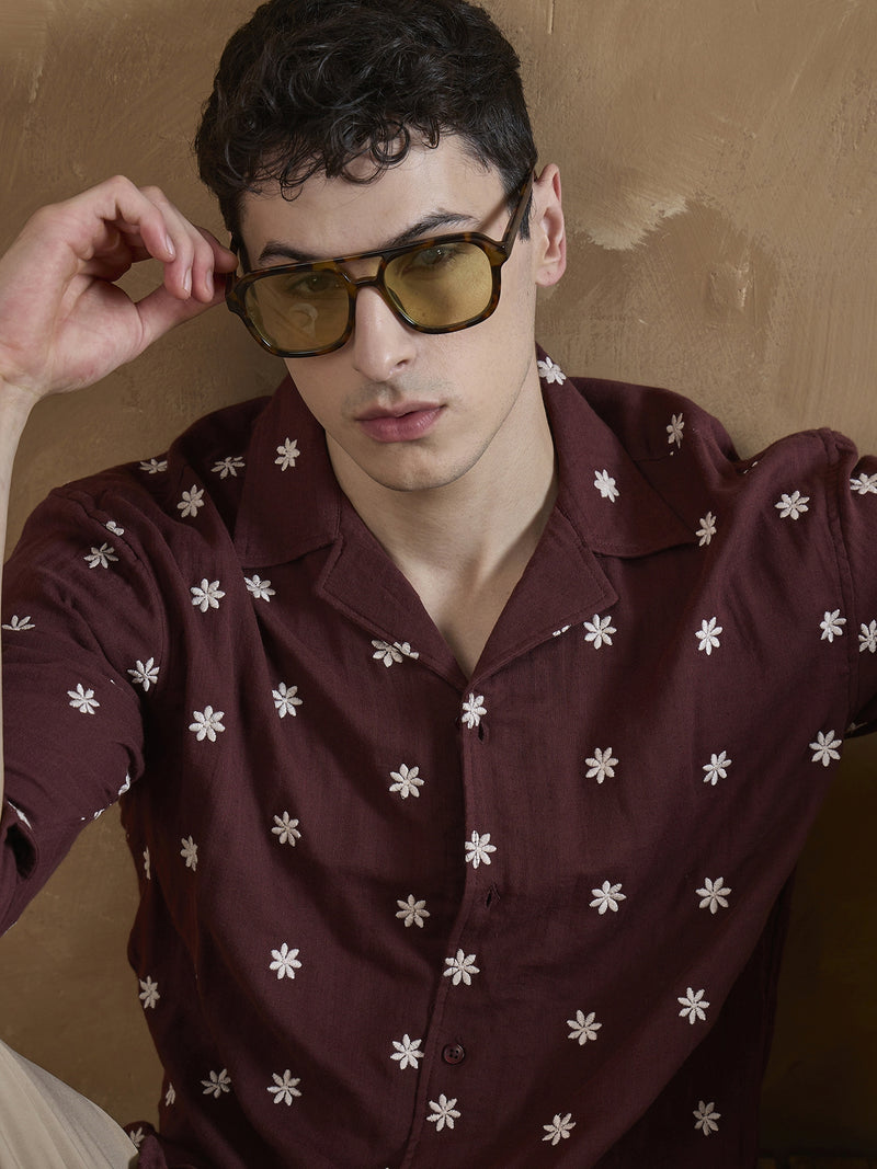 Maroon: Full Sleeves Muslin Embroidered Shirt