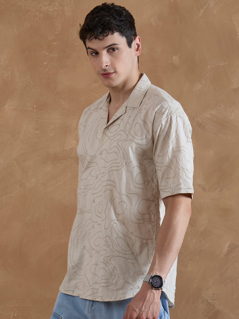 Beige: Half Sleeves Embroidered Shirt