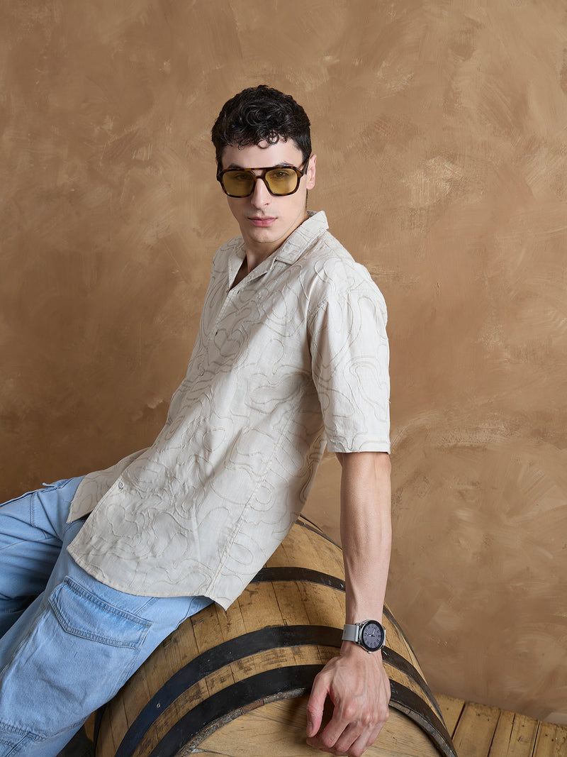 Beige: Half Sleeves Embroidered Shirt