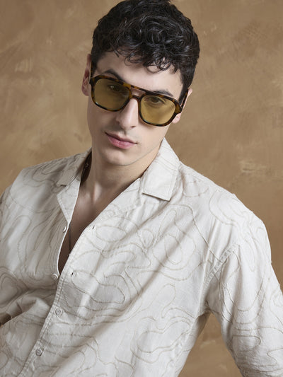Beige: Half Sleeves Embroidered Shirt