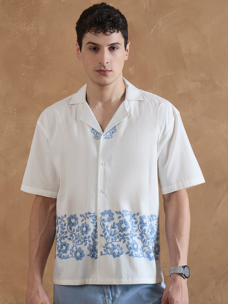 Off White & Blue: Half Sleeves Hand Block Printed Shirt