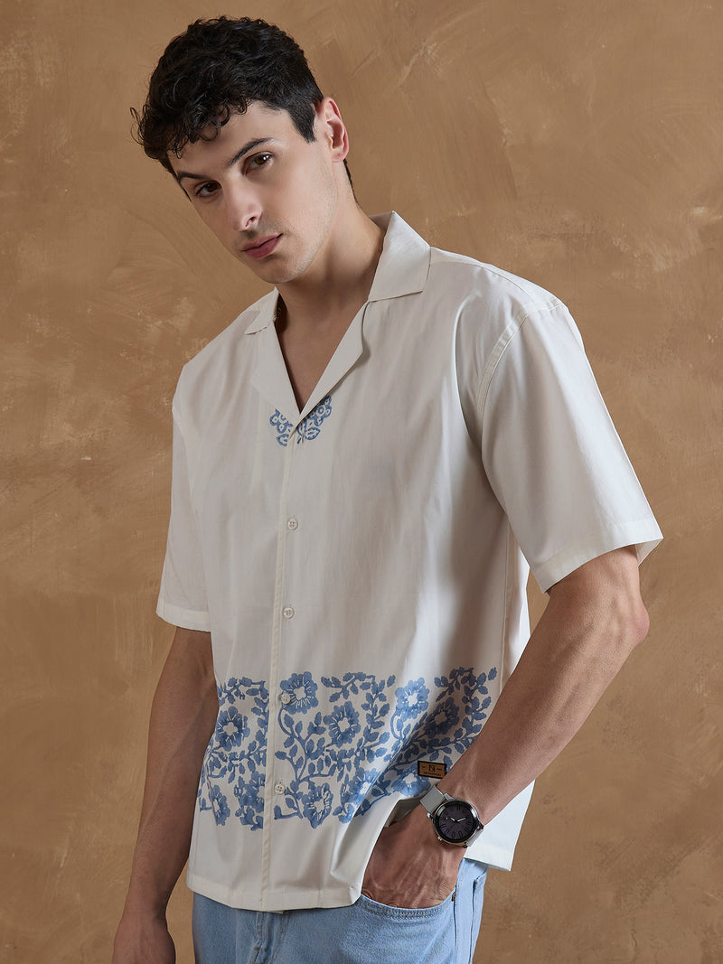 Off White & Blue: Half Sleeves Hand Block Printed Shirt