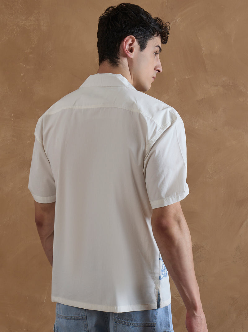 Off White & Blue: Half Sleeves Hand Block Printed Shirt