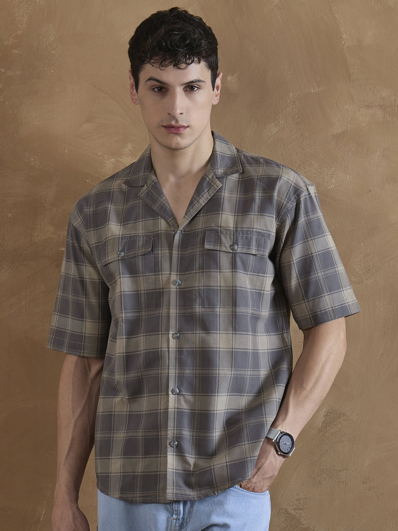 Dark Grey: Half Sleeves Double Pocket Checkered Shirt