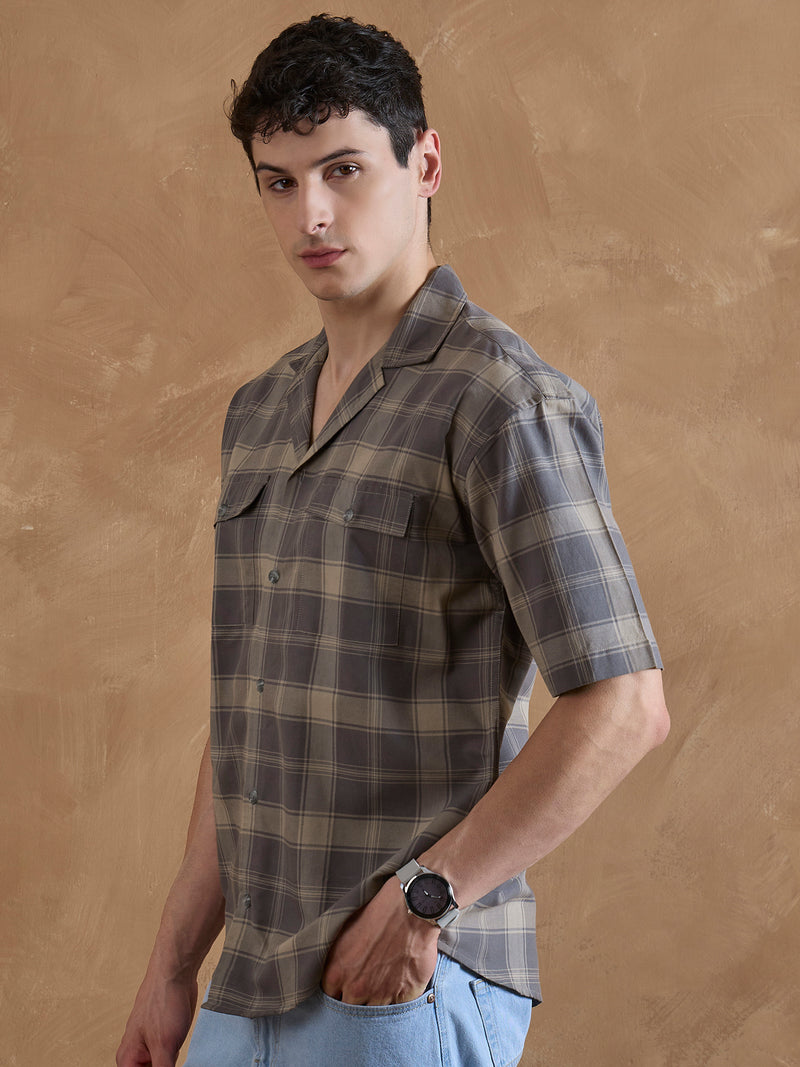 Dark Grey: Half Sleeves Double Pocket Checkered Shirt